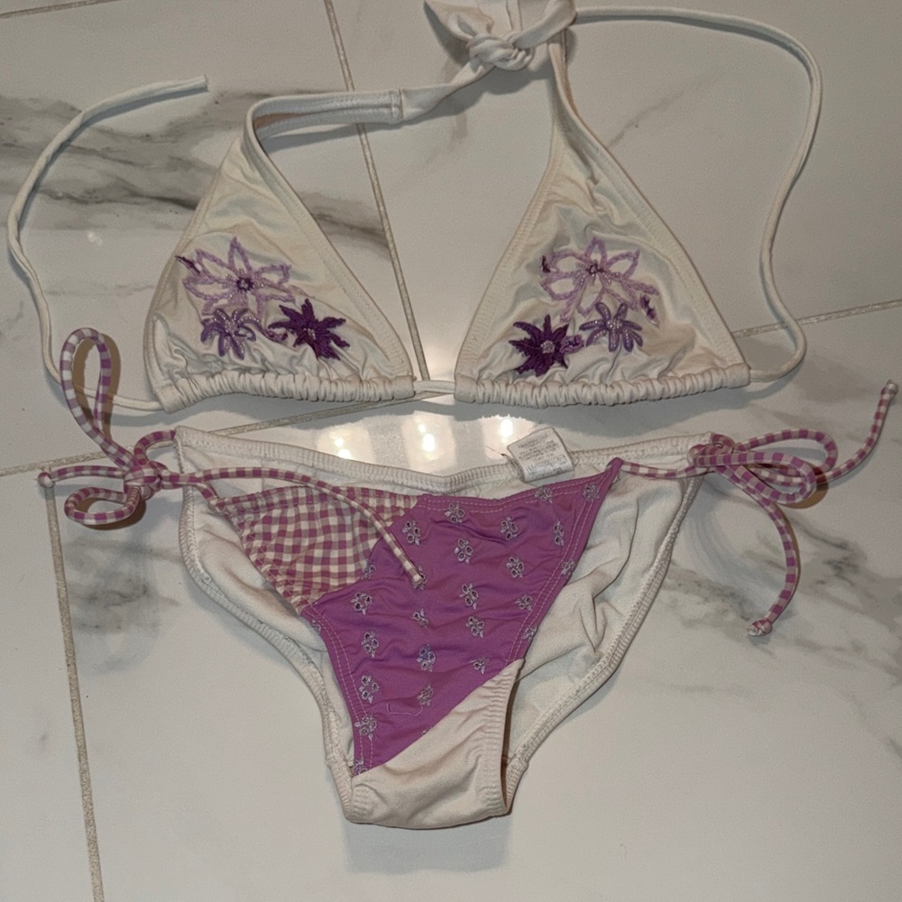 White and Purple Floral Triangle Bikini Set